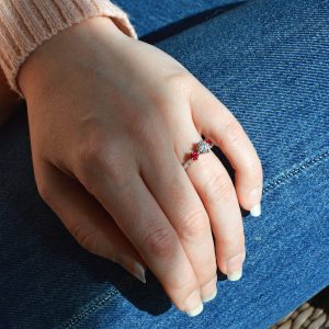 Diamond and ruby three stone ring in 14k white gold