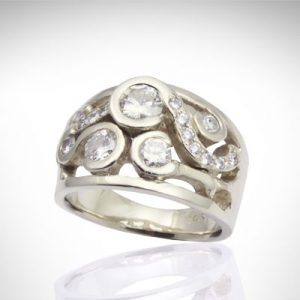 14K white gold band with multiple round diamonds set in bezel swirls with pave set accent diamonds