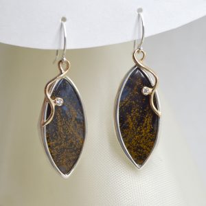 Pietersite and diamond earrings, dangle bezel set sterling silver with vine accent of 14K yellow gold and diamonds. designed by Morgan's Treasure in Westerville, OH