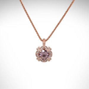 vintage inspired halo rose gold morganite and diamond necklace