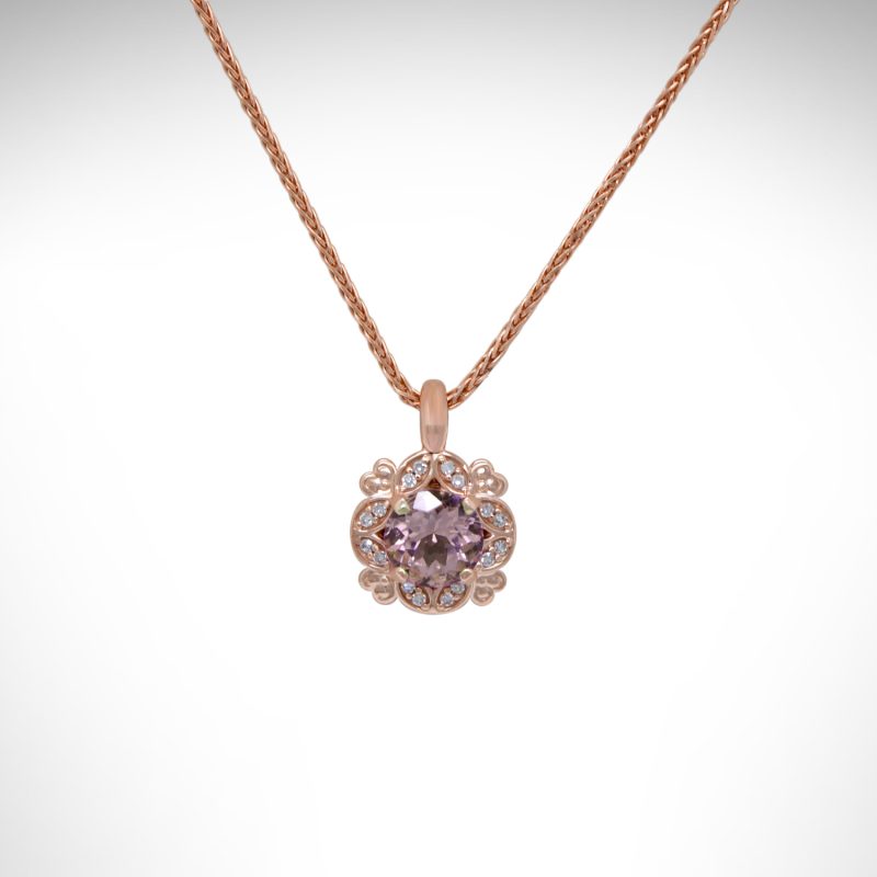 vintage inspired halo rose gold morganite and diamond necklace