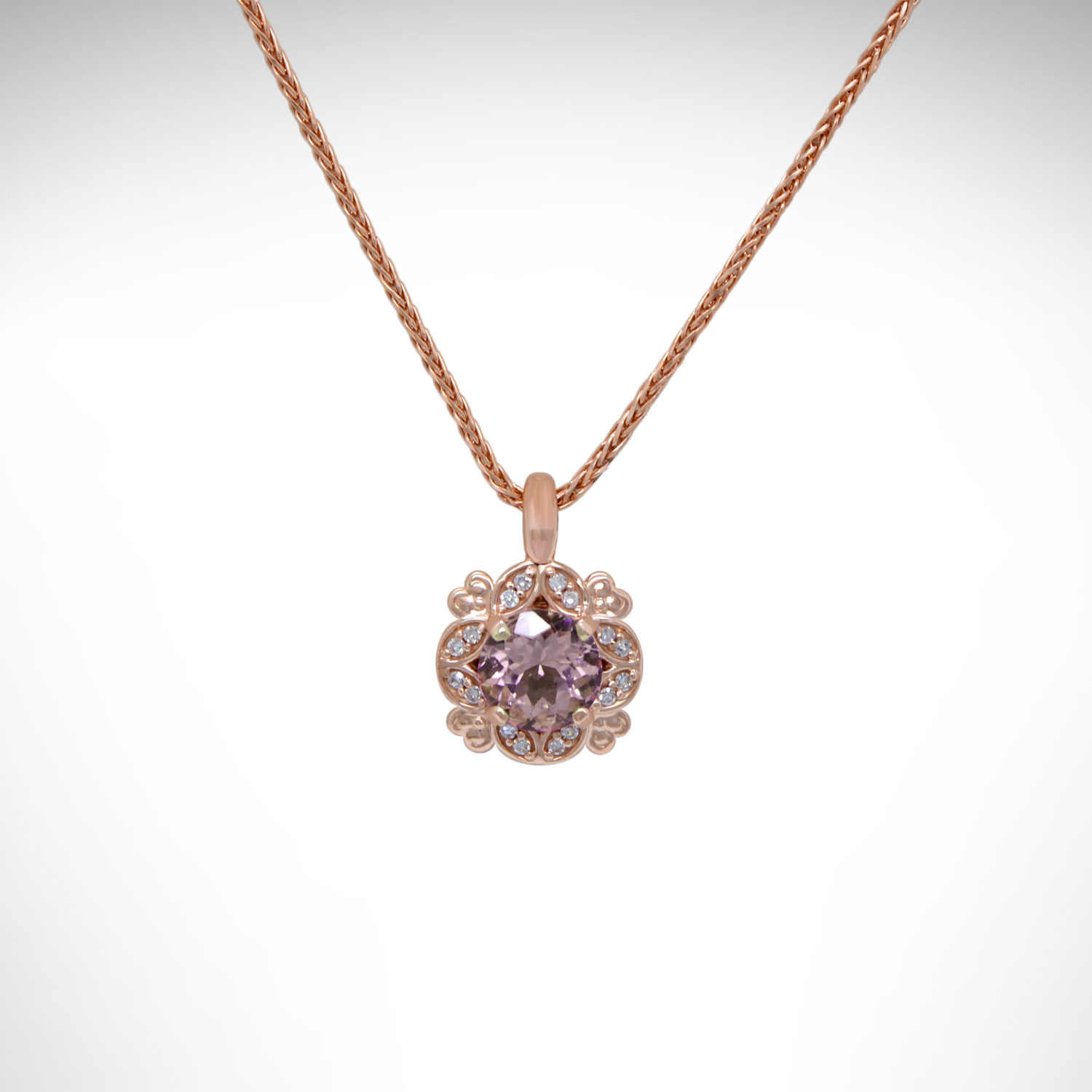 vintage inspired halo rose gold morganite and diamond necklace