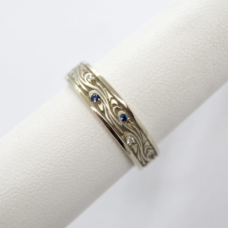Starry Night inspired by Van Gogh, carved wedding band with diamond and sapphire accents.