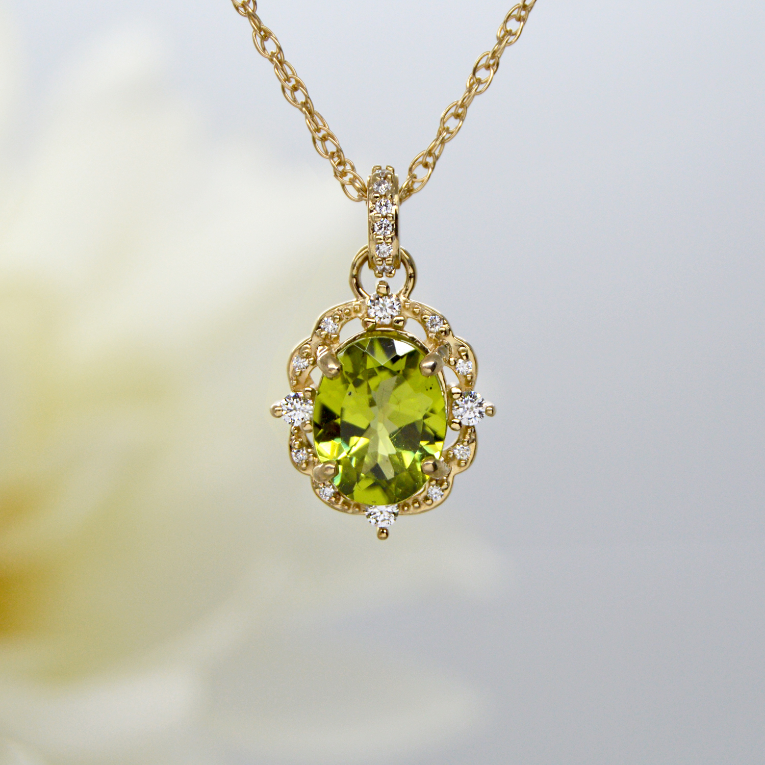 Genuine Green Peridot Necklace Set in 14K Solid Gold Peridot / White Gold