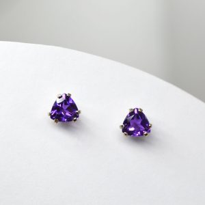 Amethyst trillion gemstone earrings, prong-set with posts in 14k white gold