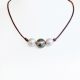 Pearl and leather necklace with brown leather, freshwater white pearls and a gray Tahitian pearl