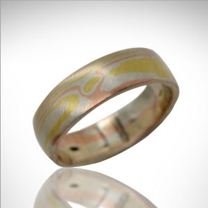 Mokume Gane Ring in 18Kt Yellow, 14Kt Palladium White Gold and Sterling Silver, hand fabricated designed by Morgan's Treasure