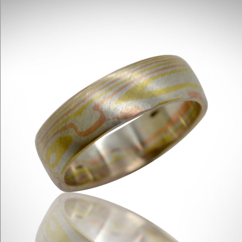 Mokume Gane Ring in 18Kt Yellow, 14Kt Palladium White Gold and Sterling Silver, hand fabricated designed by Morgan's Treasure