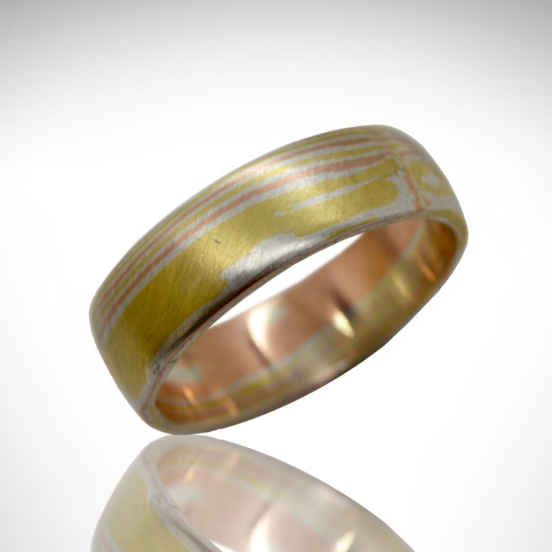 Mokume Gane Ring in 18Kt Yellow, 14Kt Palladium White Gold and Sterling Silver, hand fabricated designed by Morgan's Treasure