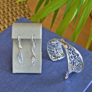Scroll filigree dangle earrings and cuff bracelet in sterling silver