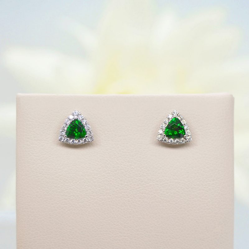 Tsavorite garnet stud earrings trillion shape with diamond halo