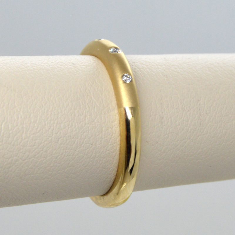 Brush matte satin finish yellow gold wedding band or stackable ringrounded with flush set accent diamonds