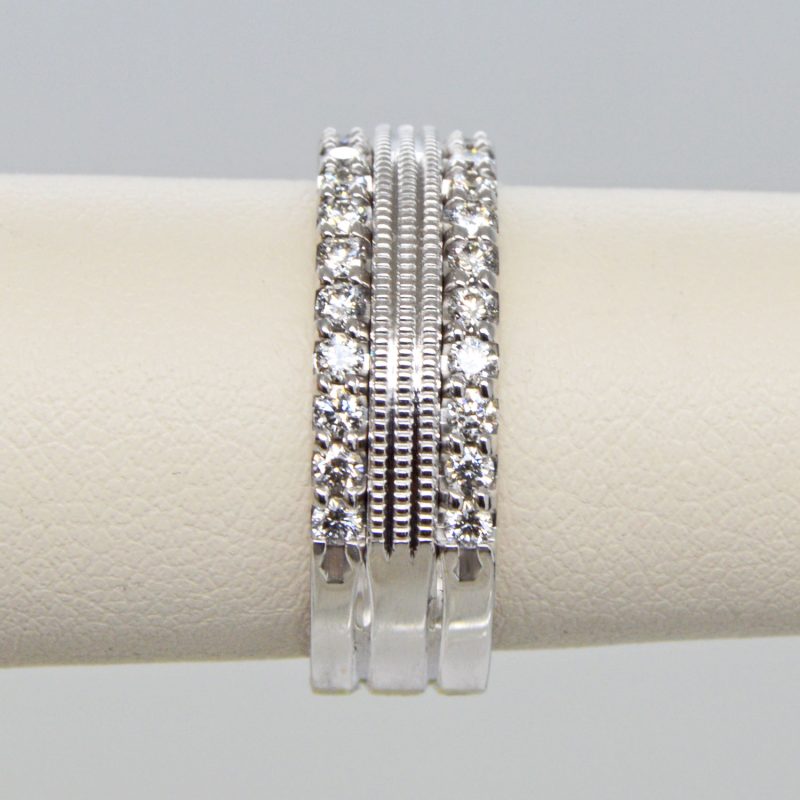 Wide double row diamond ring with millgrain center detail in 14K white gold