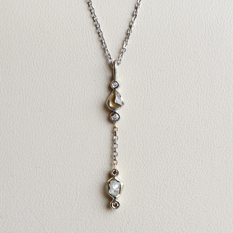 Natural raw diamonds in lariat style pendant with matching chain. 14K white gold with full-cut diamond accents. Designed by Morgan's Treasure in Westerville, OH