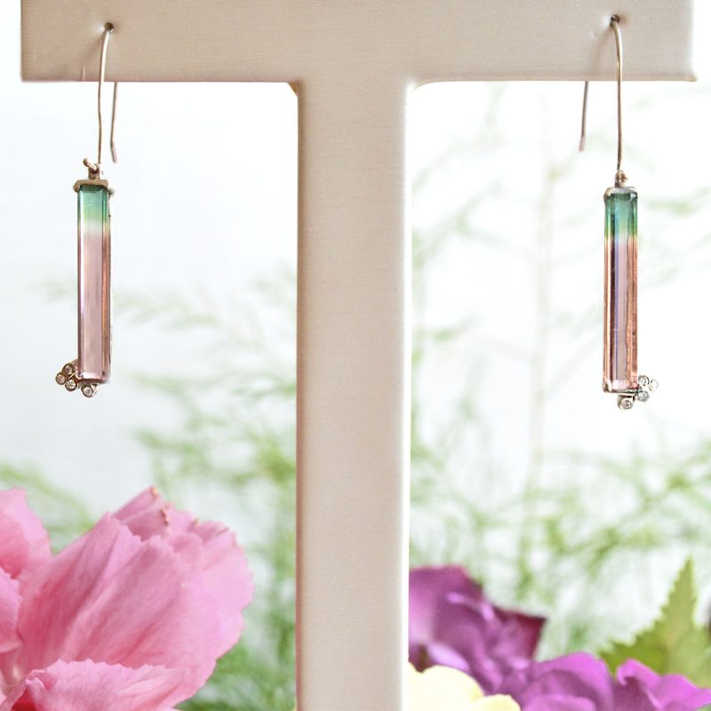 Bicolor watermelon tourmaline earrings in 14K white gold