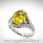 14K white gold custom designed ring with cushion cut yellow sapphire and pave set diamonds, designed by Morgan's Treasure