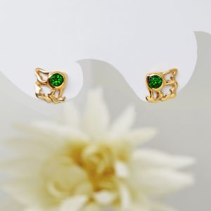 Tsavorite green garnet gemstone stud earrings with floral petal design and bezel settings, custom designed by Morgan's Treasure