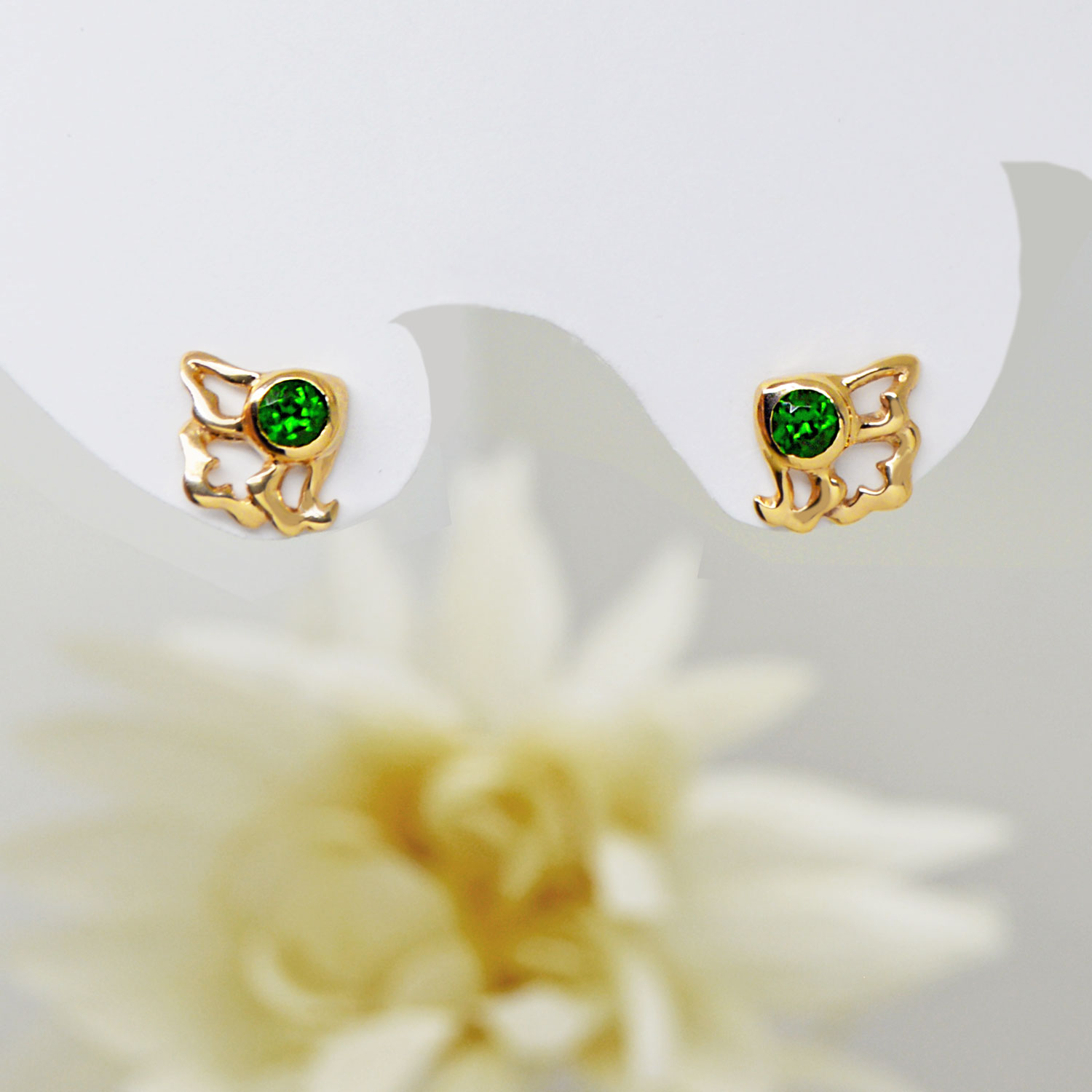 Tsavorite green garnet gemstone stud earrings with floral petal design and bezel settings, custom designed by Morgan's Treasure
