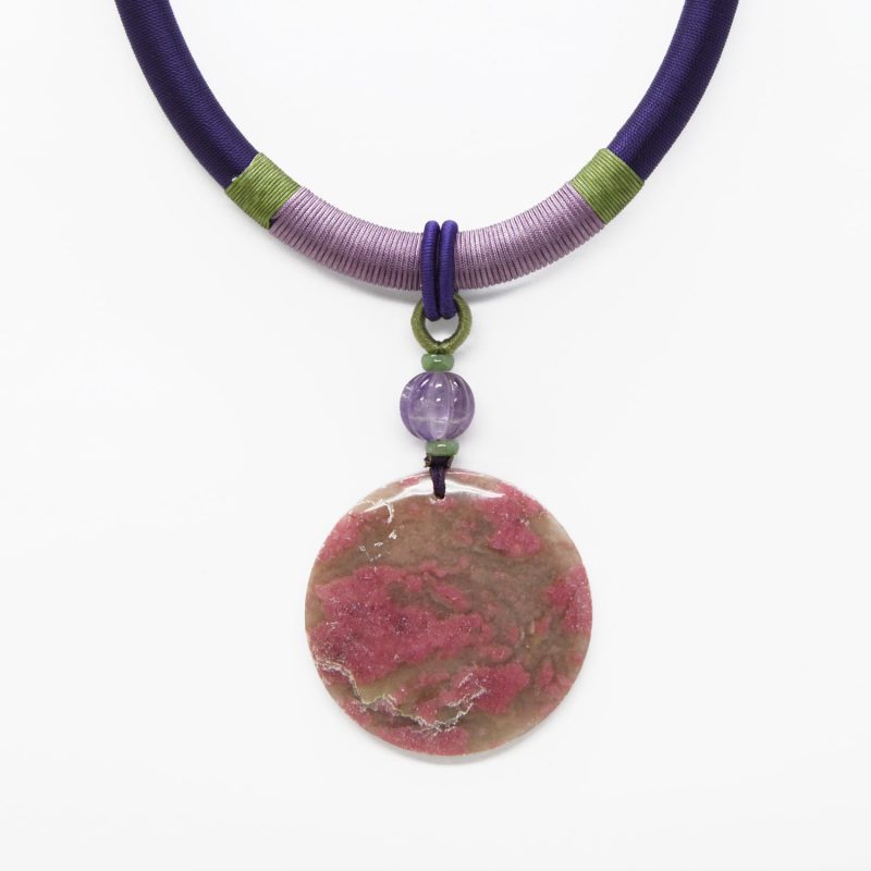 Necklace with pink agate medallion, purple and green silk wrapped cord