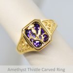 Vintage inspired large men's right hand ring with thistle floral leaf carving and overlay in 22K yellow gold with amethyst gemstone, custom made