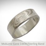 Mokume Gane woodgrain design ring with white gold and sterling silver, handmade custom by Morgan's Treasure