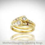 Interlocking mother/daughter rings with bezel set diamonds and birthstones, custom made, Morgan's Treasure