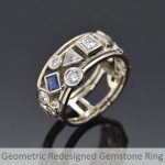 Geometric open pattern with multiple shapes of diamonds and sapphires, triangle, round, square, designed by Morgan's Treasure