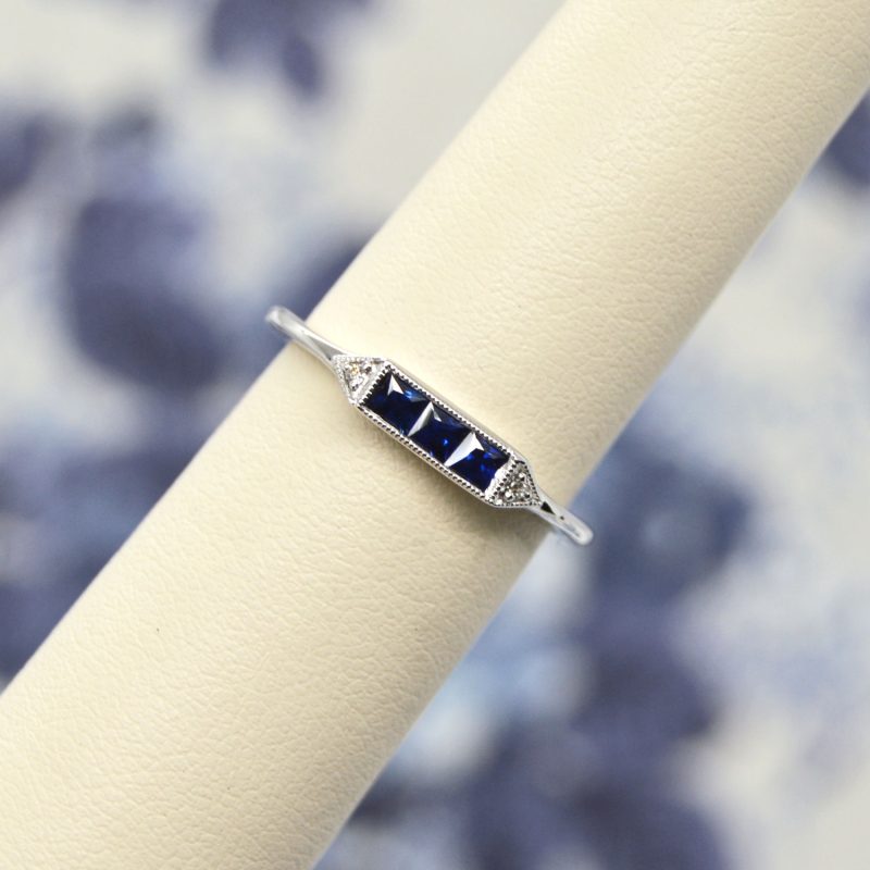 Gabriel stackable sapphire and diamond art deco inspired white gold ring