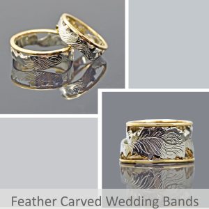 Wedding bands in two tone white and yellow gold with a hand-carved engraved design, line up with each other to create peacock feather pattern, designed by Morgan's Treasure
