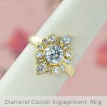 Cluster halo bezel set engagement ring with round center stone, baguette and pear cut accent diamonds in 14K yellow gold, designed by Morgan's Treasure