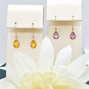 Dangle gemstone earrings in citrine or amethyst in 14K yellow gold with accent diamonds