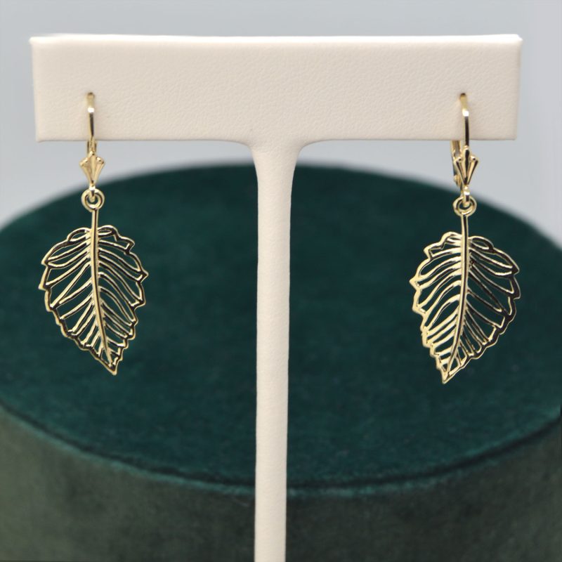 Dangle cutout leaf design boho earrings 14K yellow gold with lever backs