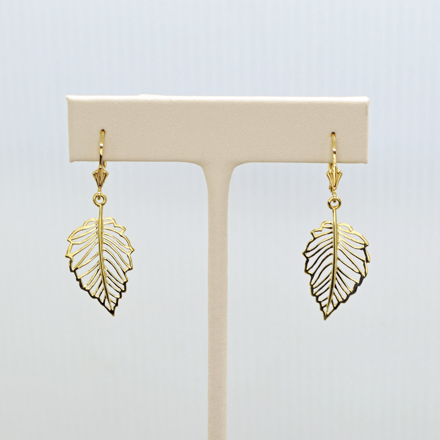 Dangle cutout leaf design boho earrings 14K yellow gold with lever backs