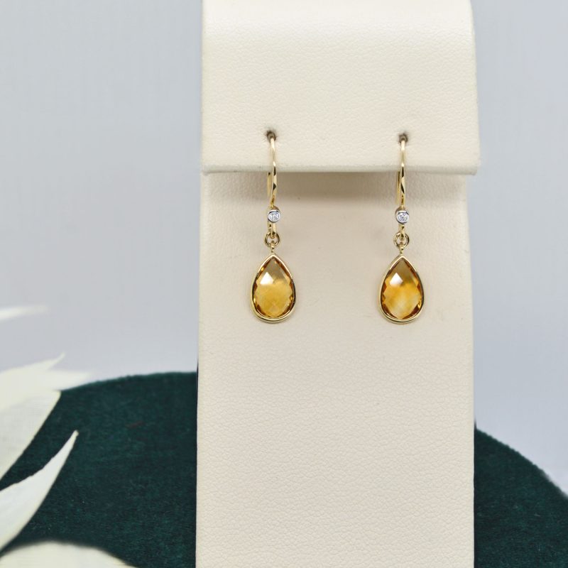 Dangle gemstone earrings in citrine in 14K yellow gold with accent diamonds