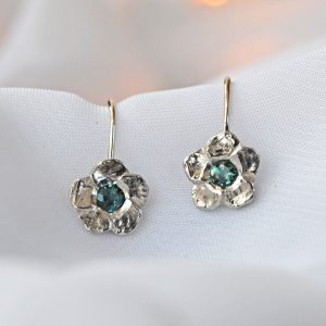 Pair of natural round alexandrite gemstones color change from plum to teal in flower petal earrings 14K white gold, designed by Morgan's Treasure