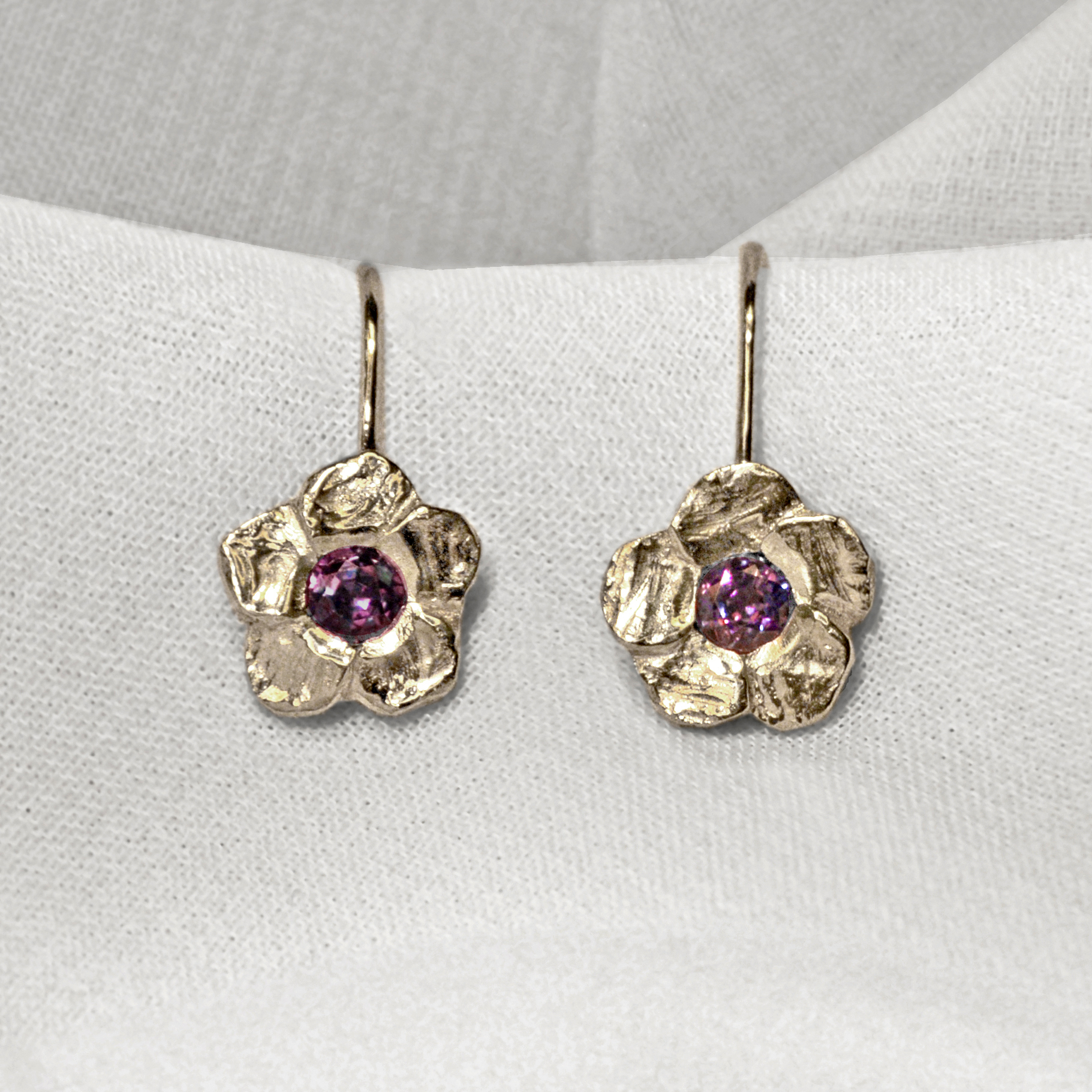 Pair of natural round alexandrite gemstones color change from plum to teal in flower petal earrings 14K white gold, designed by Morgan's Treasure