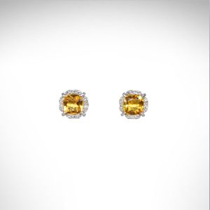 Citrine stud earrings with diamond halo in 14k white gold