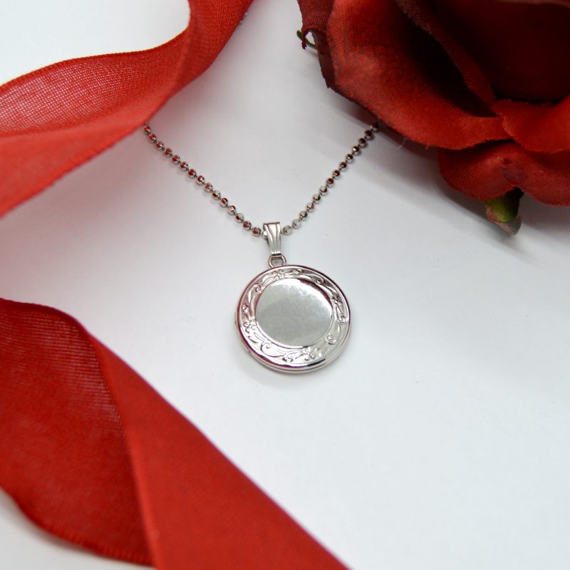 Round carved vintage inspired locket necklace in sterling silver