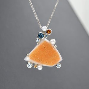 Natural orange druzy necklace in triangular abstract shape with pearls, london blue topaz, aquamarine, citrine gemstones in 14k white gold, designed by Morgan's Treasure