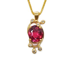 Red Tourmaline oval faceted gemstone in delicate leaf design with accent diamonds and a satin finish, designed by Morgan's Treasure