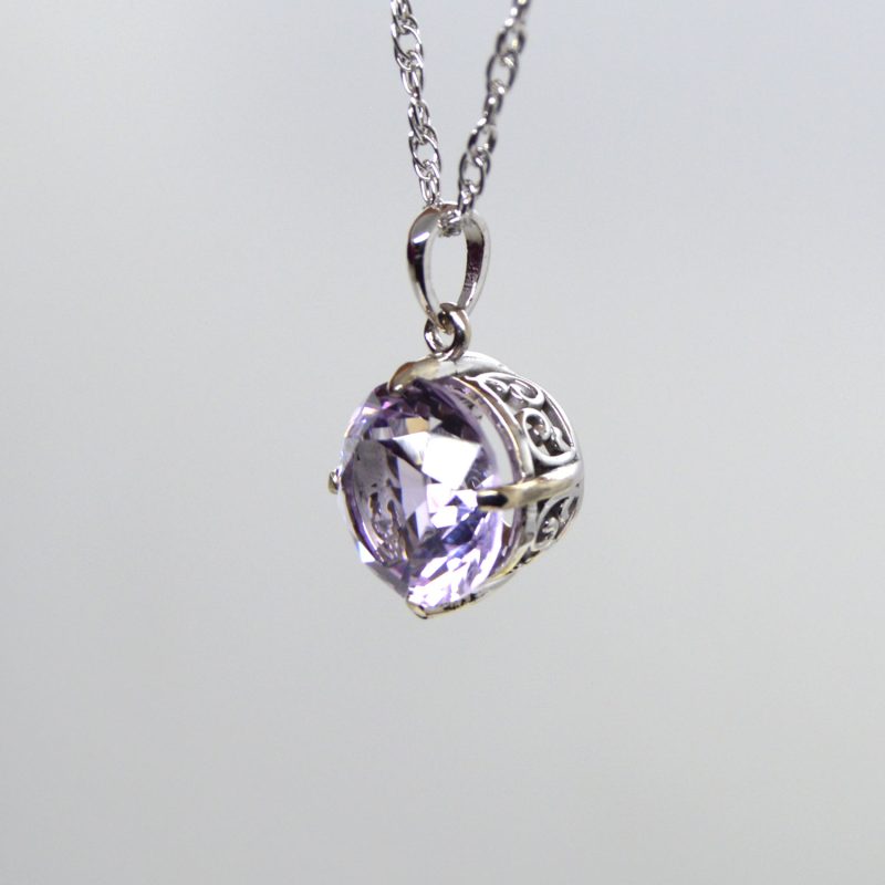 14K white gold rose quartz round gemstone necklace set compass orientation prongs