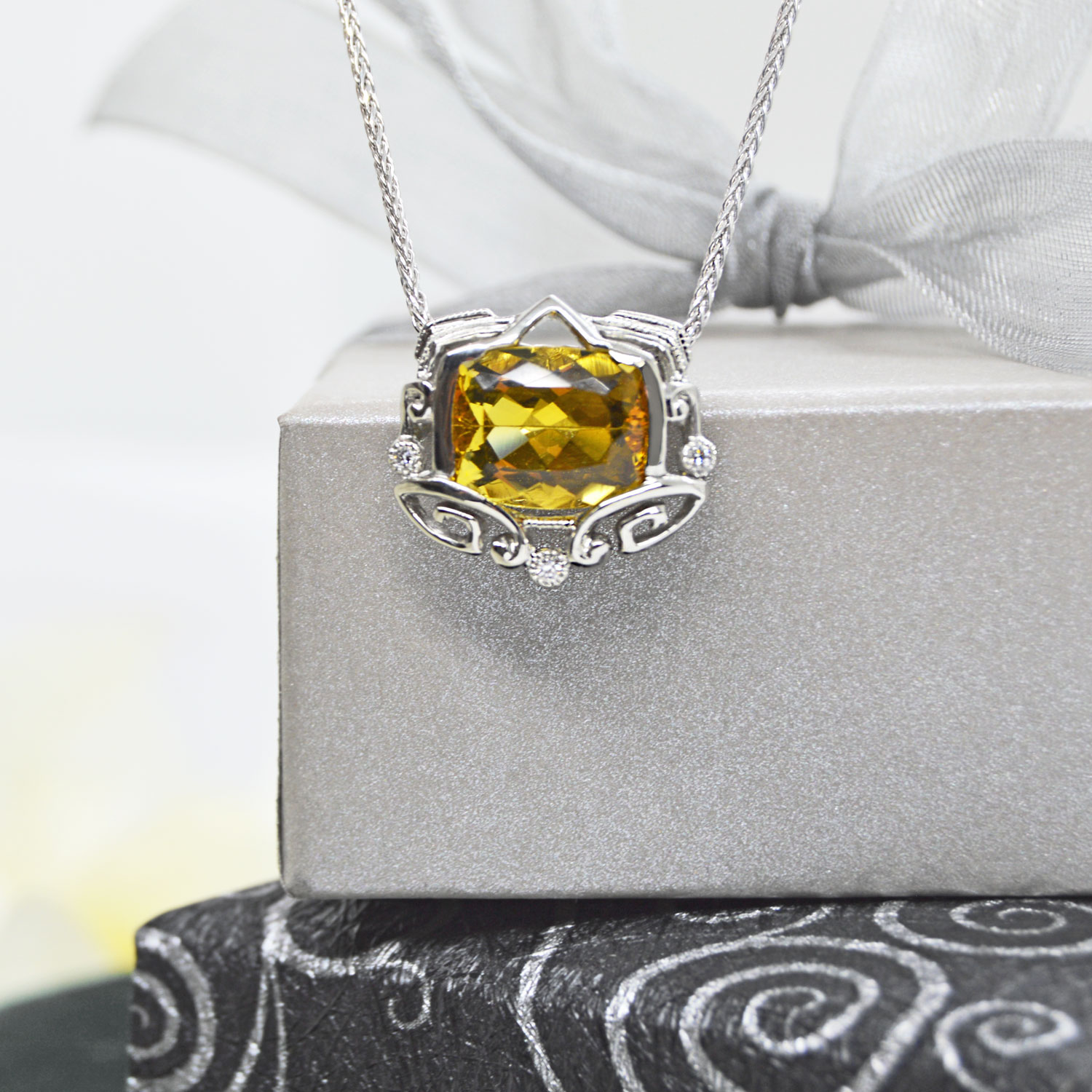 Cushion cut, 2.65 CT yellow beryl art deco filigree pendant with diamond accent on an 18" white gold chain