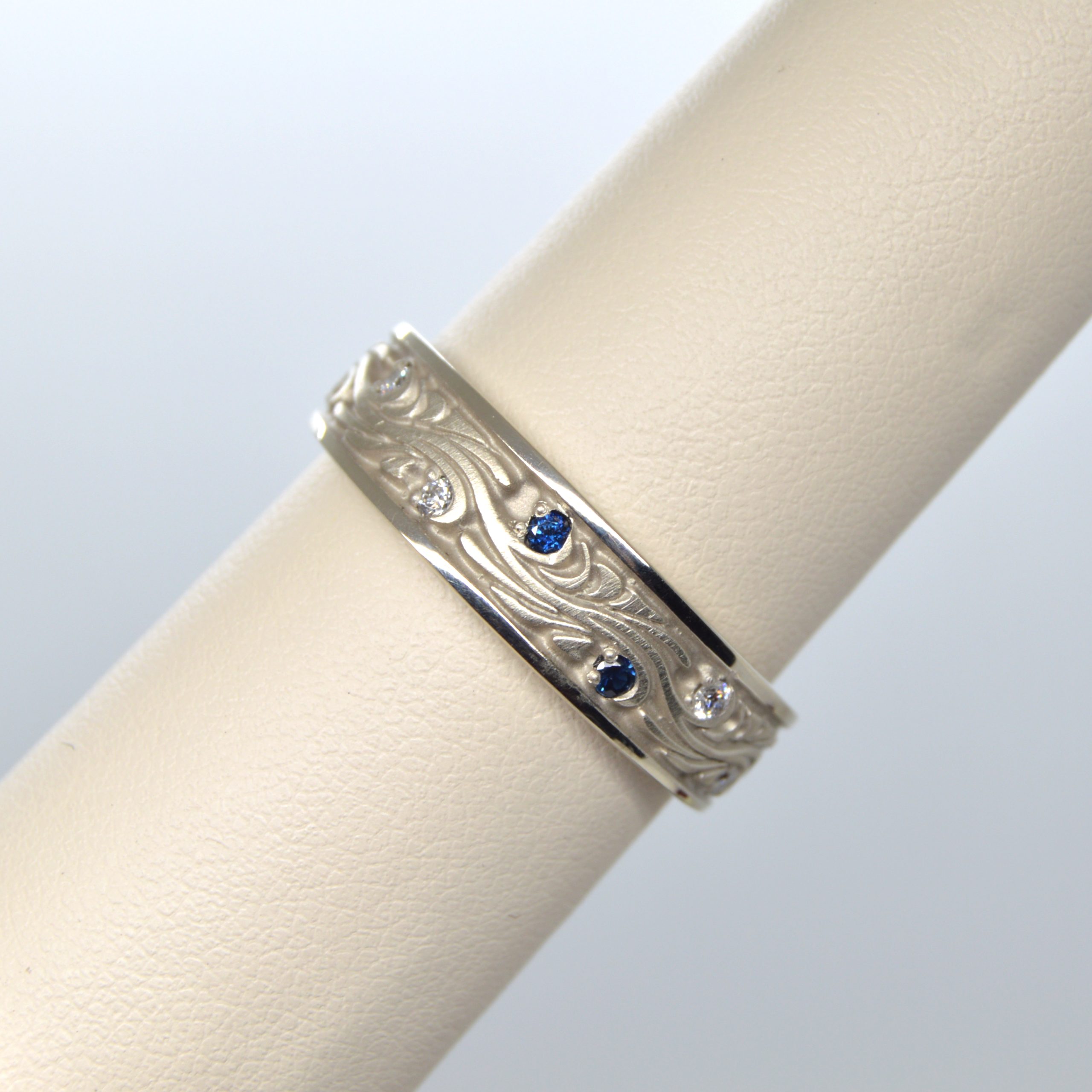 Unique men's wedding band with diamonds and sapphires in Van Gogh's Starry Night design 14K white gold