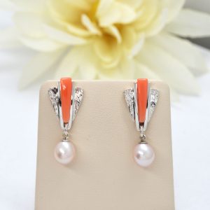 Sterling Silver earrings featuring coral gemstones and freshwater pearls