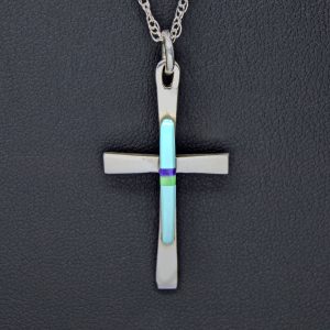Sterling Silver Cross Pendant with turquoise and suglelite accents on an 18" sterling silver rope chain