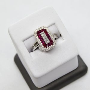 Allison Kaufman Ruby and Diamond ring in rectangular shape with baguettes and round gems