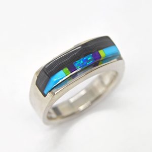 Men's Sterling Silver ring featuring a black opal, turquoise and sugilite inlay.