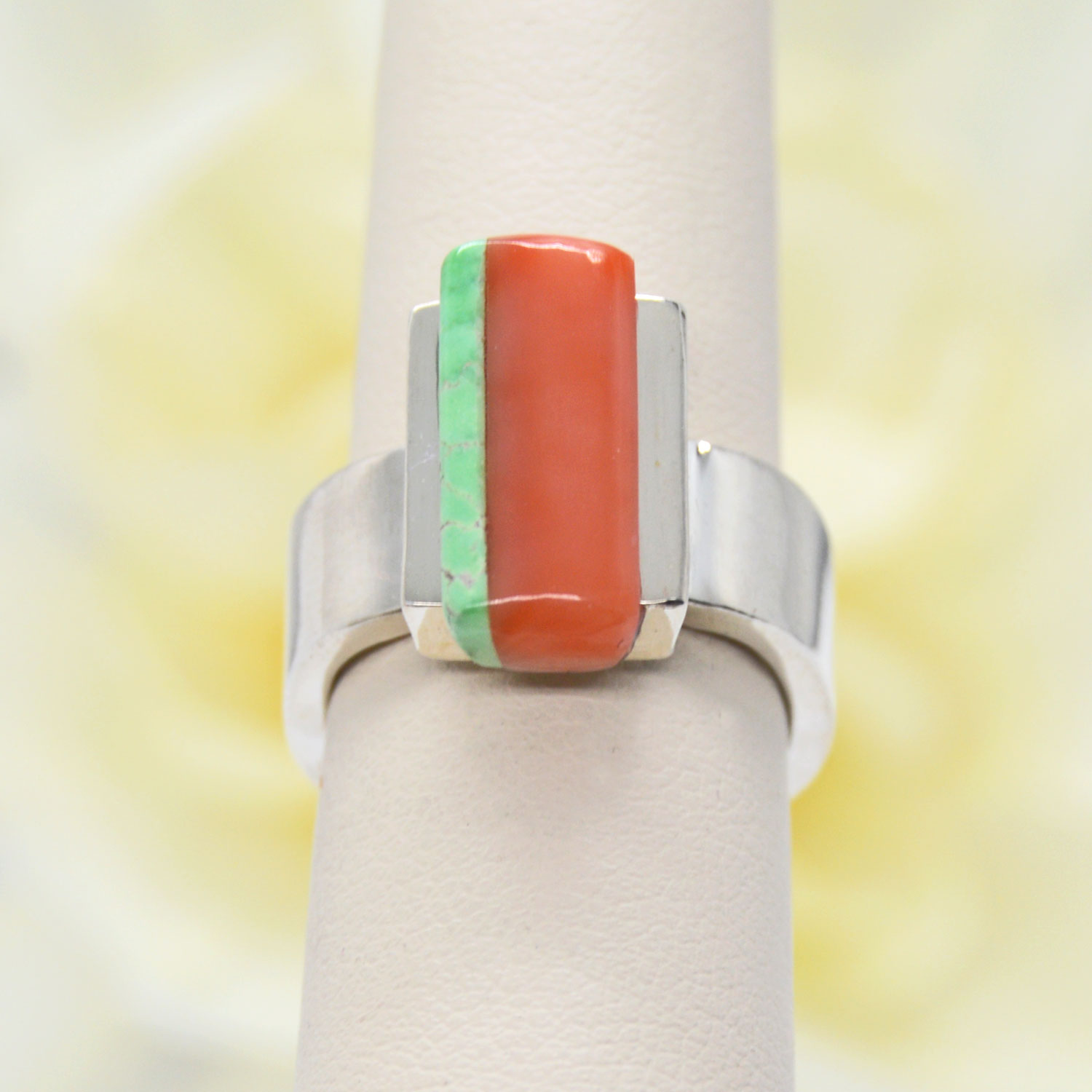 Sterling Silver Ring with PInk Coral and Turquoise Inlay