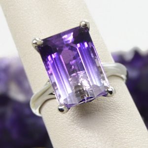 Bicolor purple/white large emerald-cut amethyst gemstone in 14K white gold ring statement modern cocktail unique right hand ring.