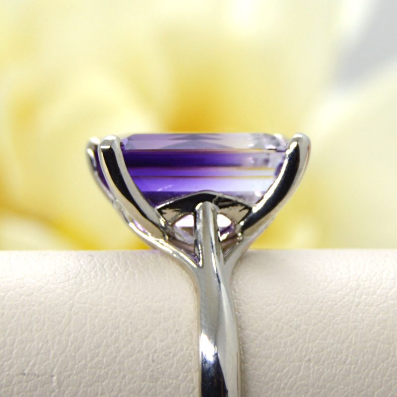 Bicolor purple/white large emerald-cut amethyst gemstone in 14K white gold ring statement modern cocktail unique right hand ring.